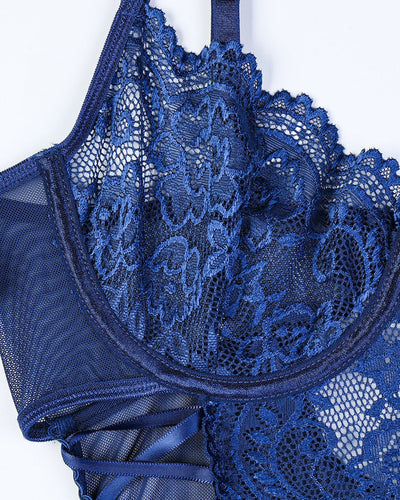 Christina™ | Virágmintás átlátszó csipkés body oldalsó masnival